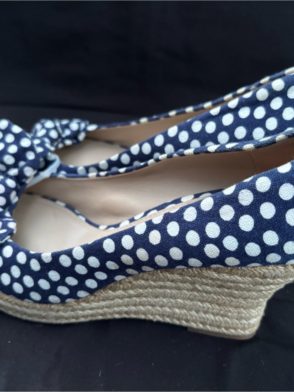 Tory Burch Navy and White Polka Dot Bow Peep-Toe Heels - Picture 6 of 13